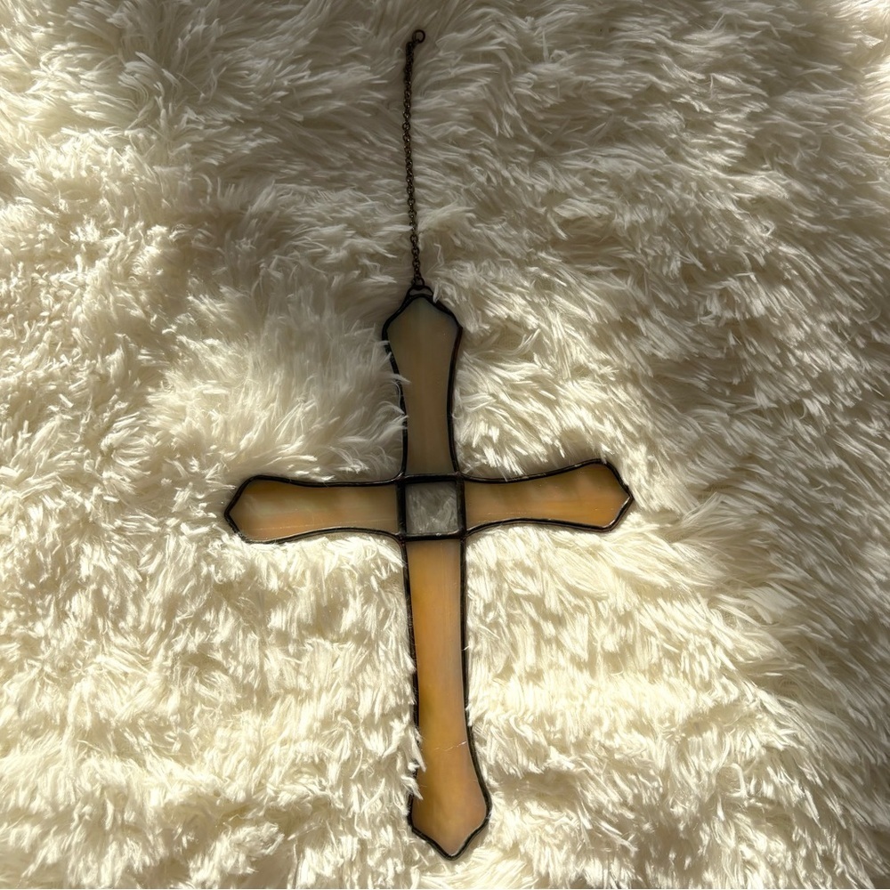 Vintage stained glass cross iridescent cream wall hanging home decor neutral